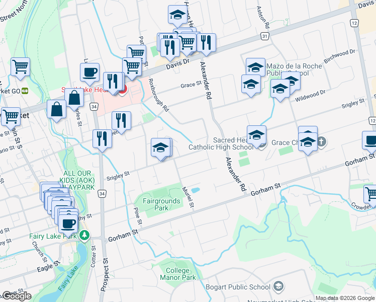 map of restaurants, bars, coffee shops, grocery stores, and more near 735 Srigley Street in Newmarket