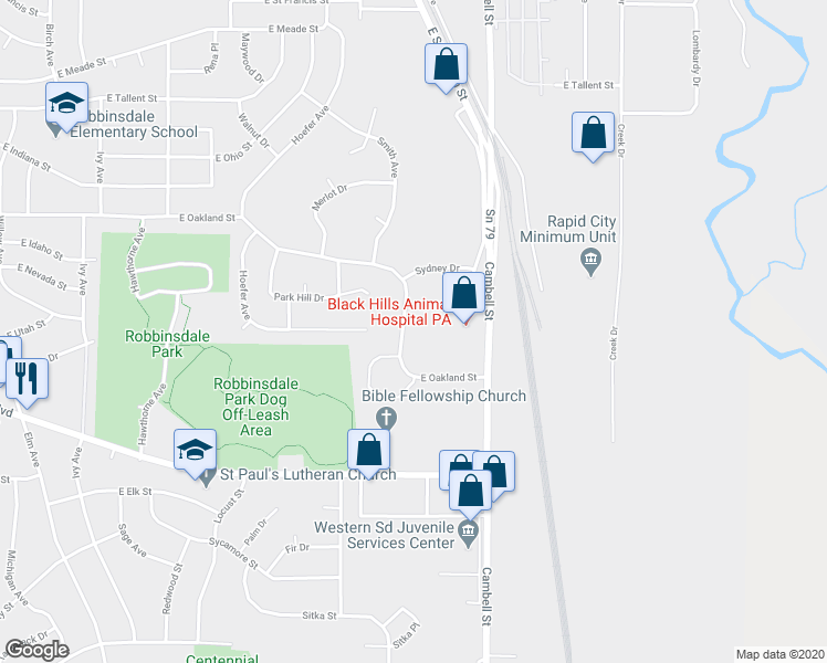 map of restaurants, bars, coffee shops, grocery stores, and more near 1372 East Oakland Street in Rapid City