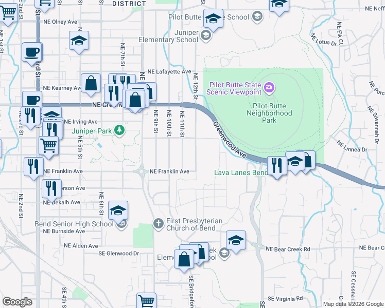 map of restaurants, bars, coffee shops, grocery stores, and more near 630 Northeast 11th Street in Bend