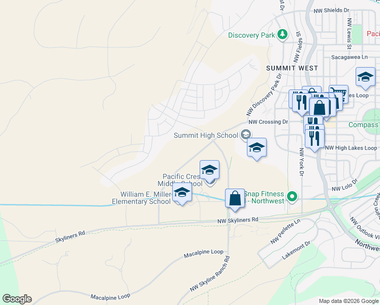 map of restaurants, bars, coffee shops, grocery stores, and more near 19100 Skyliners Road in Bend