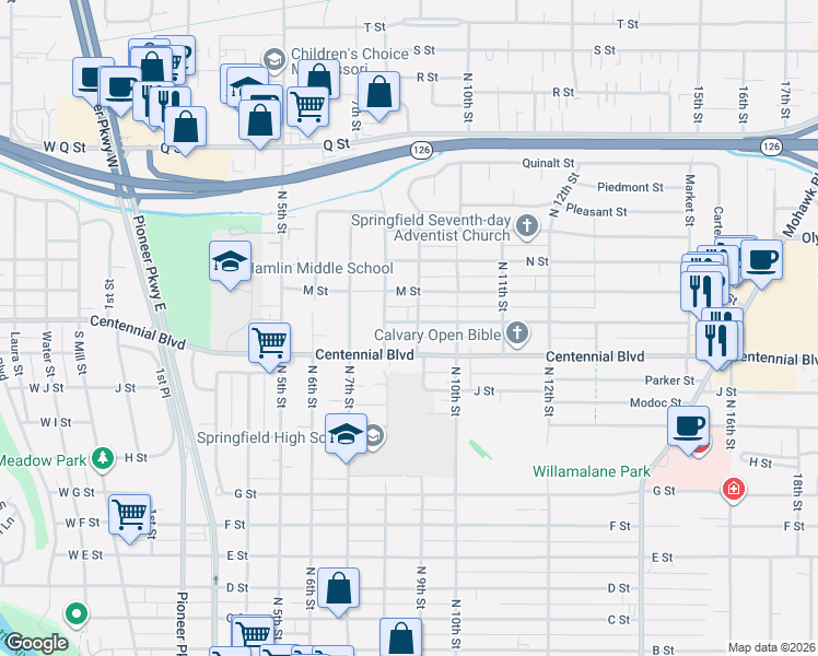 map of restaurants, bars, coffee shops, grocery stores, and more near 820 Centennial Boulevard in Springfield