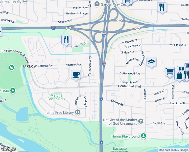 map of restaurants, bars, coffee shops, grocery stores, and more near 3650 Wylie Creek Place in Eugene