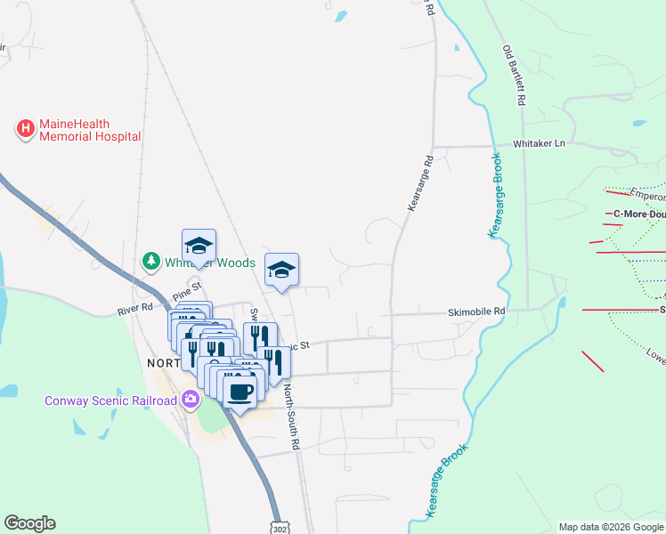 map of restaurants, bars, coffee shops, grocery stores, and more near 43 White Horse Road in Conway