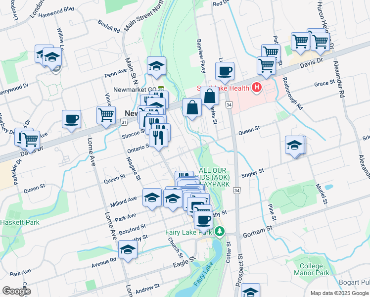 map of restaurants, bars, coffee shops, grocery stores, and more near in Newmarket