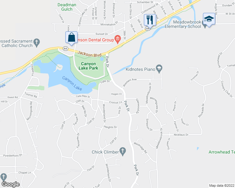 map of restaurants, bars, coffee shops, grocery stores, and more near Hagen Court in Rapid City