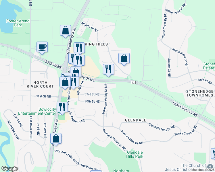 map of restaurants, bars, coffee shops, grocery stores, and more near 751 31st Street Northeast in Rochester