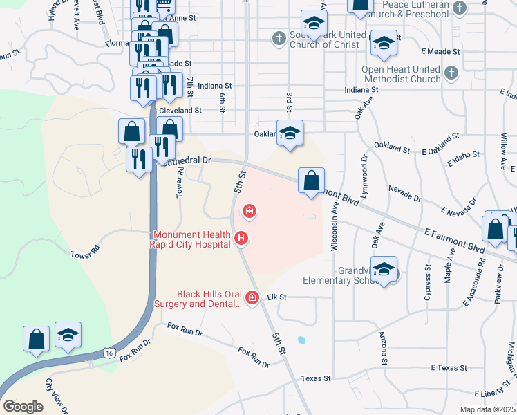 map of restaurants, bars, coffee shops, grocery stores, and more near 353 Fairmont Boulevard in Rapid City