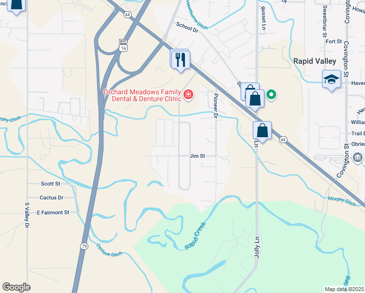 map of restaurants, bars, coffee shops, grocery stores, and more near 3601-3639 Jim Street in Rapid City