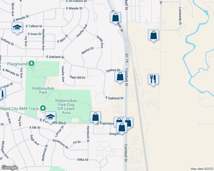 map of restaurants, bars, coffee shops, grocery stores, and more near 1372 East Oakland Street in Rapid City