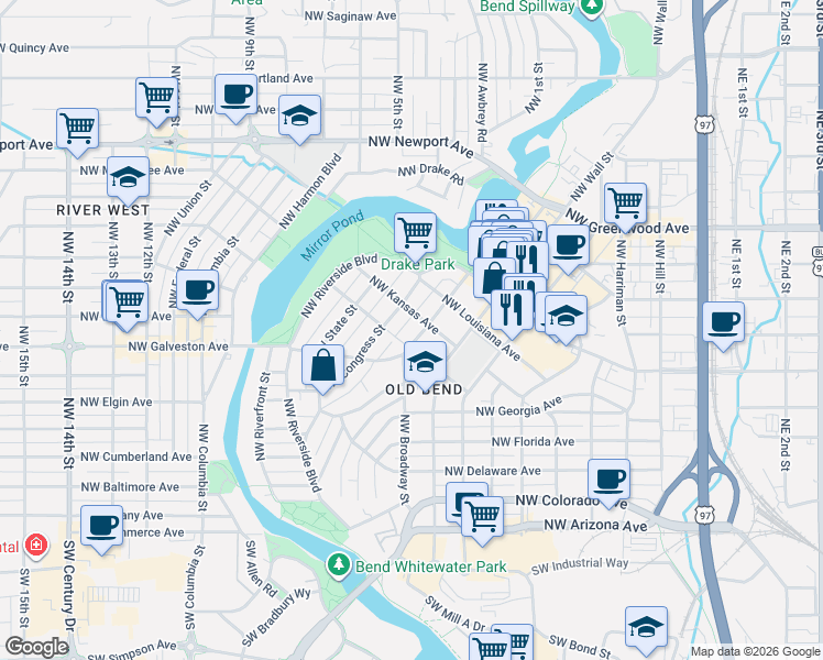 map of restaurants, bars, coffee shops, grocery stores, and more near 240 Northwest Idaho Avenue in Bend