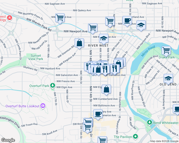 map of restaurants, bars, coffee shops, grocery stores, and more near 635 Northwest 14th Street in Bend