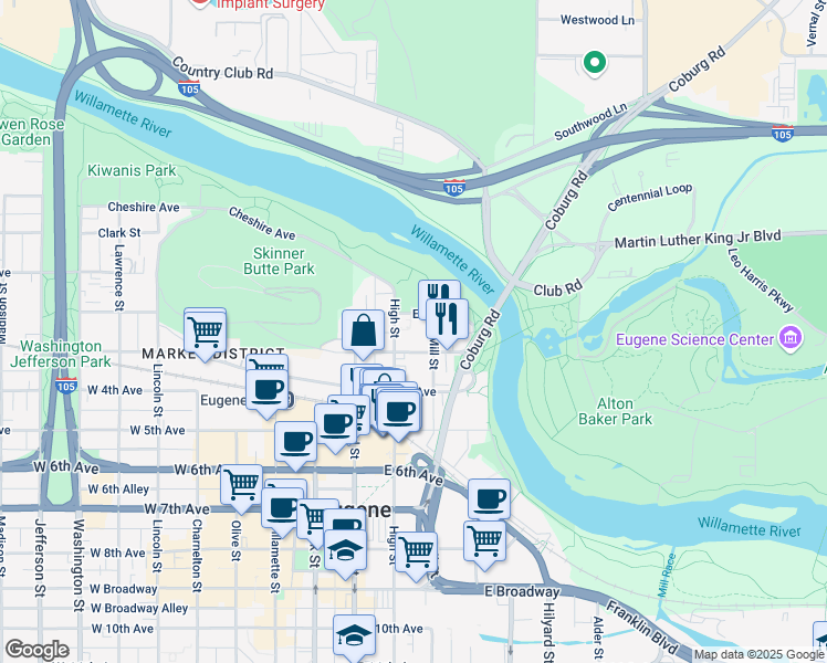 map of restaurants, bars, coffee shops, grocery stores, and more near 392 East 3rd Avenue in Eugene