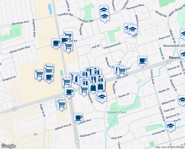 map of restaurants, bars, coffee shops, grocery stores, and more near in Newmarket