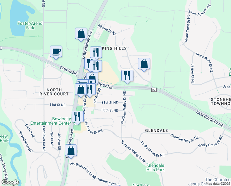 map of restaurants, bars, coffee shops, grocery stores, and more near 707 31st Street Northeast in Rochester