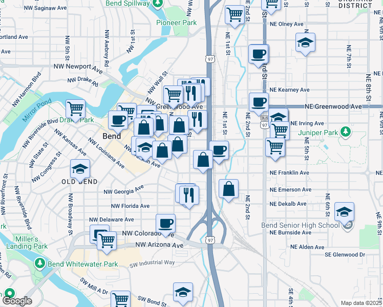 map of restaurants, bars, coffee shops, grocery stores, and more near 31 Northwest Greeley Avenue in Bend