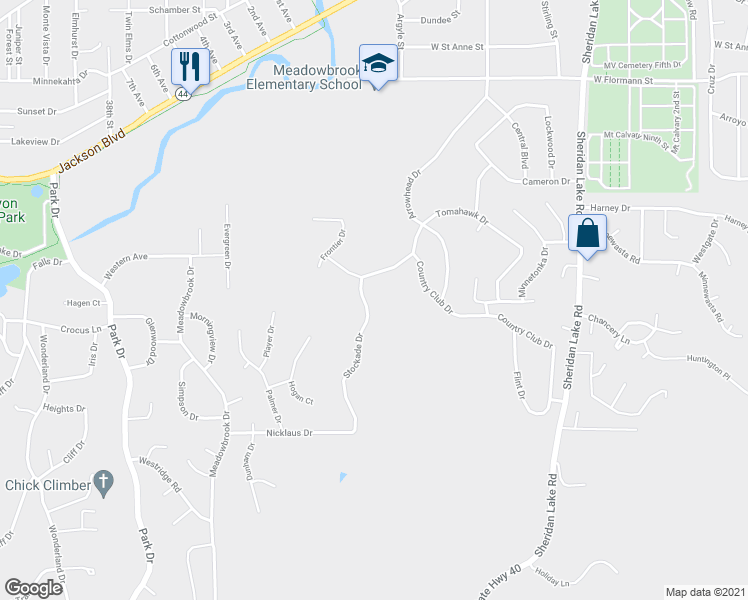 map of restaurants, bars, coffee shops, grocery stores, and more near 2916 Stockade Drive in Rapid City