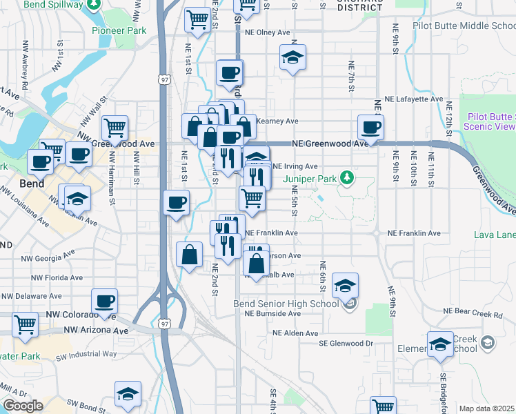map of restaurants, bars, coffee shops, grocery stores, and more near 740 Northeast 3rd Street in Bend