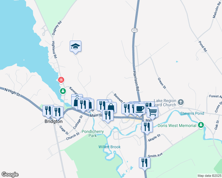 map of restaurants, bars, coffee shops, grocery stores, and more near 4 Bennett Street in Bridgton