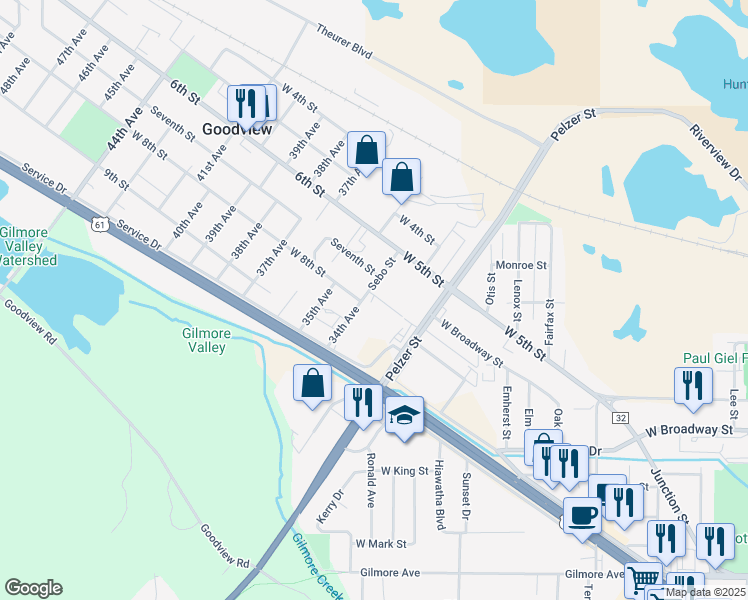 map of restaurants, bars, coffee shops, grocery stores, and more near 1858 Service Drive in Winona