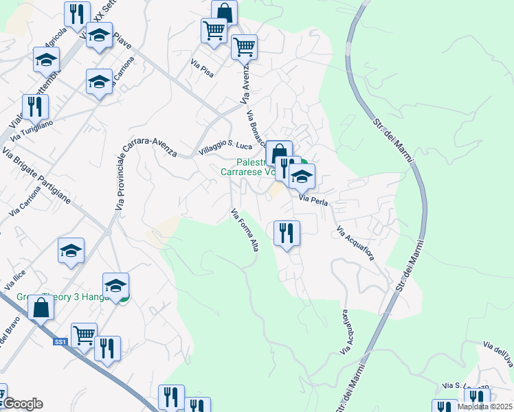 map of restaurants, bars, coffee shops, grocery stores, and more near 14B Via Eugenio Montale in Carrara