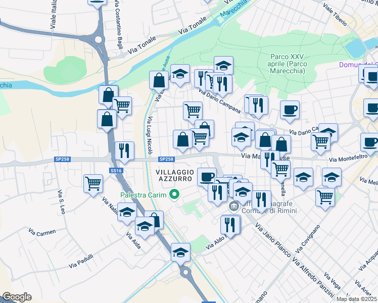 map of restaurants, bars, coffee shops, grocery stores, and more near 130 Via Marecchiese in Rimini