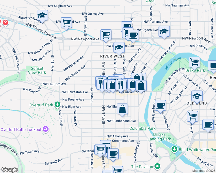 map of restaurants, bars, coffee shops, grocery stores, and more near 1335 Northwest Galveston Avenue in Bend