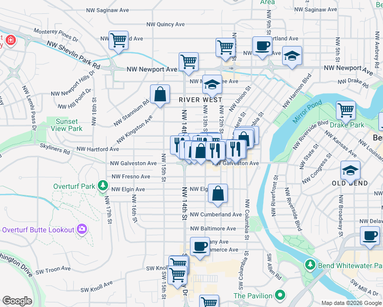 map of restaurants, bars, coffee shops, grocery stores, and more near 635 Northwest 14th Street in Bend