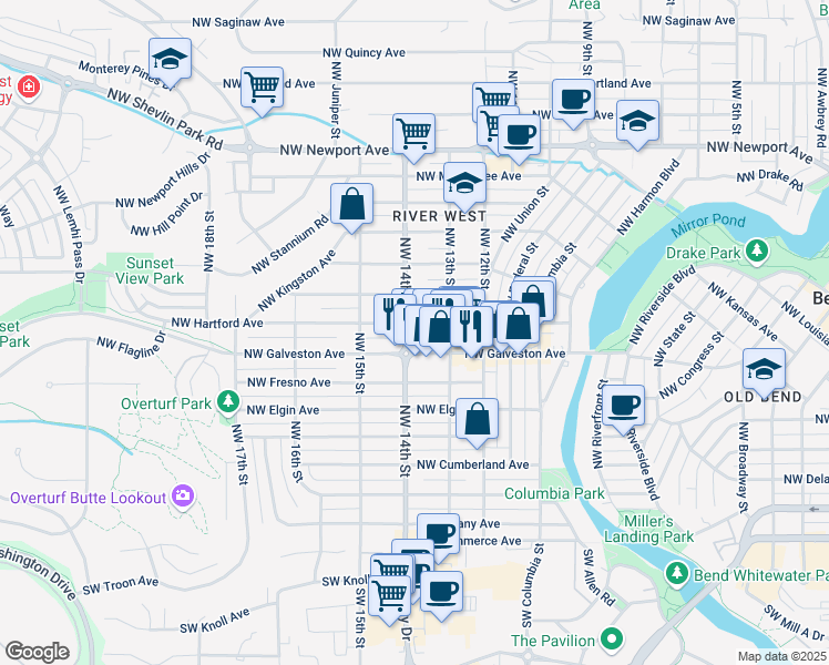 map of restaurants, bars, coffee shops, grocery stores, and more near 635 Northwest 14th Street in Bend