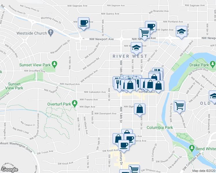 map of restaurants, bars, coffee shops, grocery stores, and more near 1475 Northwest Galveston Avenue in Bend