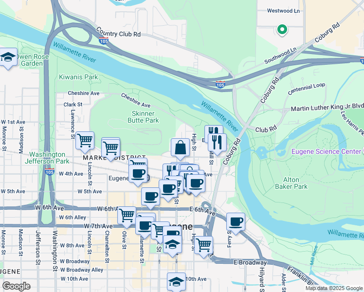map of restaurants, bars, coffee shops, grocery stores, and more near 306 High Street in Eugene