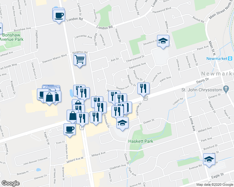 map of restaurants, bars, coffee shops, grocery stores, and more near in Newmarket