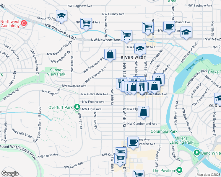 map of restaurants, bars, coffee shops, grocery stores, and more near 735 Northwest 15th Street in Bend