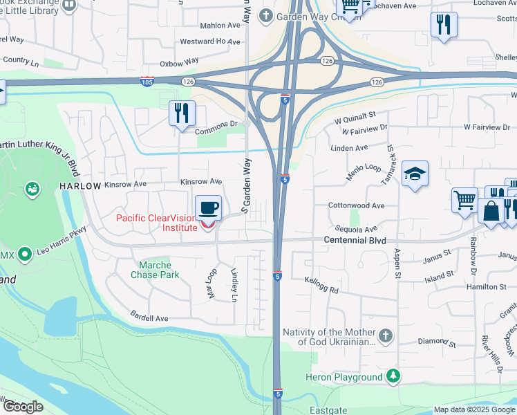 map of restaurants, bars, coffee shops, grocery stores, and more near 335 Mia Lane in Eugene