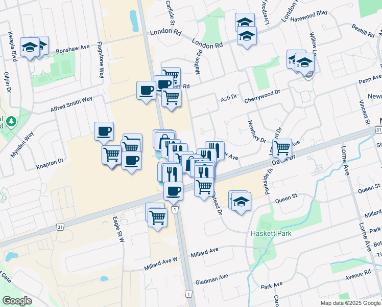 map of restaurants, bars, coffee shops, grocery stores, and more near 52 George Street in Newmarket