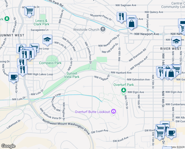 map of restaurants, bars, coffee shops, grocery stores, and more near 547 Northwest Flagline Drive in Bend