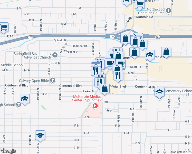 map of restaurants, bars, coffee shops, grocery stores, and more near 1210 Mohawk Boulevard in Springfield