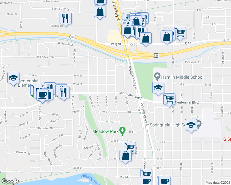 map of restaurants, bars, coffee shops, grocery stores, and more near 4 Centennial Boulevard in Springfield