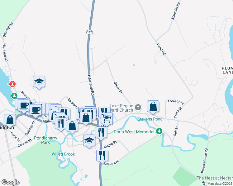 map of restaurants, bars, coffee shops, grocery stores, and more near 34 Pine Path Lane in Bridgton