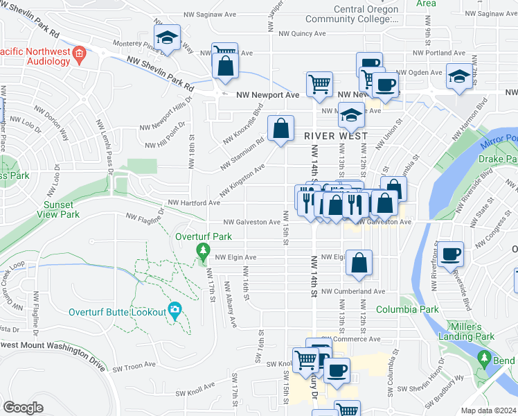 map of restaurants, bars, coffee shops, grocery stores, and more near 1569 Northwest Hartford Avenue in Bend