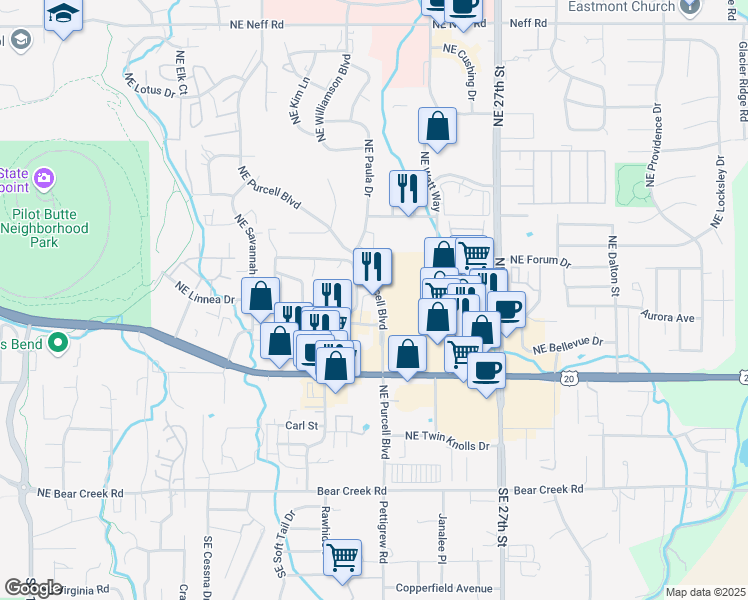 map of restaurants, bars, coffee shops, grocery stores, and more near 787 Northeast Purcell Boulevard in Bend