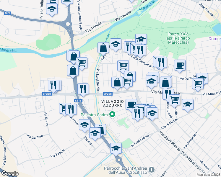 map of restaurants, bars, coffee shops, grocery stores, and more near 2-6 Via Giuseppe Mengoni in Rimini