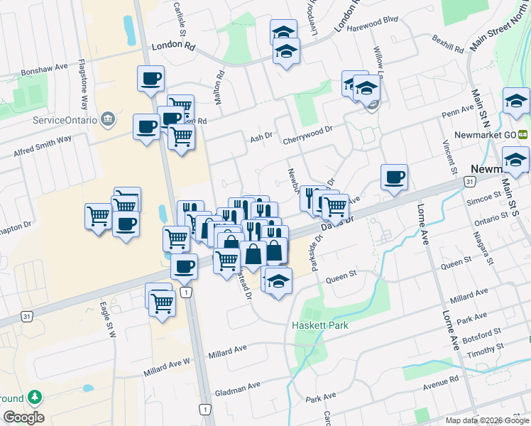 map of restaurants, bars, coffee shops, grocery stores, and more near 52 Walter Avenue in Newmarket
