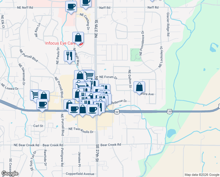 map of restaurants, bars, coffee shops, grocery stores, and more near 680 Northeast Bellevue Drive in Bend