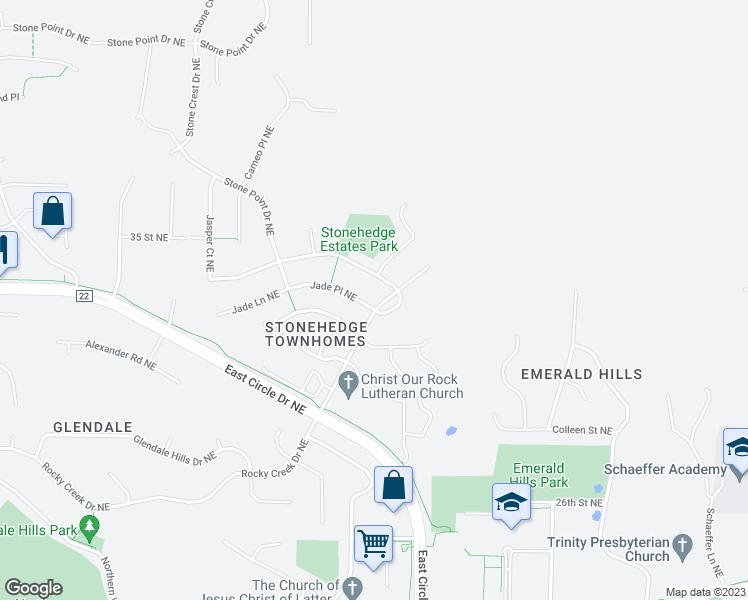 map of restaurants, bars, coffee shops, grocery stores, and more near 2397 Jade Place Northeast in Rochester