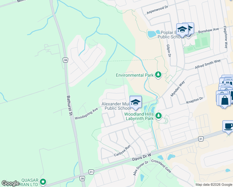 map of restaurants, bars, coffee shops, grocery stores, and more near Karl Rose Trail in Newmarket