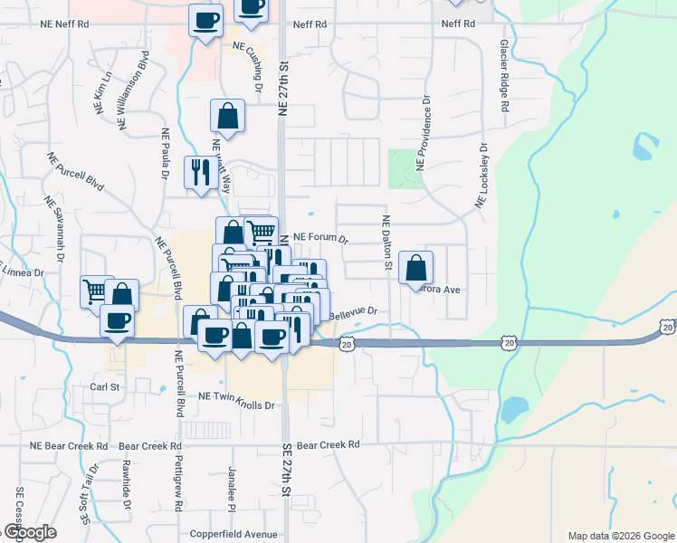 map of restaurants, bars, coffee shops, grocery stores, and more near 680 Northeast Bellevue Drive in Bend