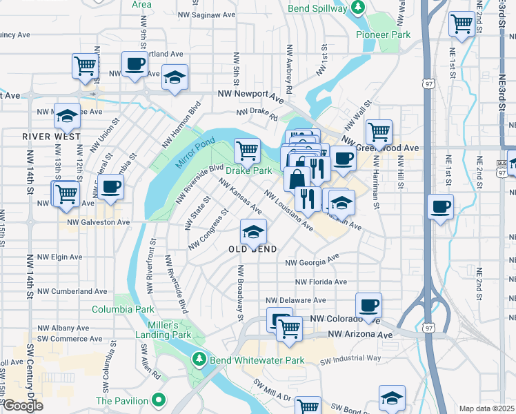 map of restaurants, bars, coffee shops, grocery stores, and more near 708 Northwest Broadway Street in Bend