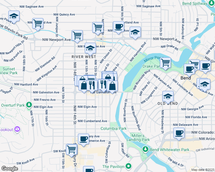 map of restaurants, bars, coffee shops, grocery stores, and more near 832 Northwest Federal Street in Bend