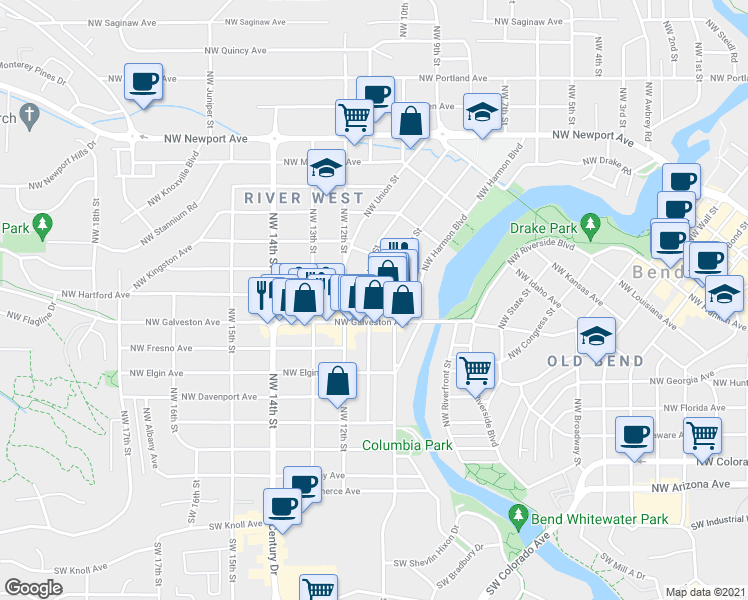 map of restaurants, bars, coffee shops, grocery stores, and more near 832 Northwest Federal Street in Bend