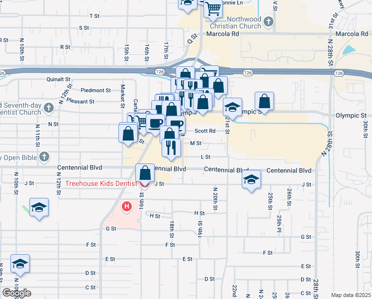 map of restaurants, bars, coffee shops, grocery stores, and more near 1488 18th Street in Springfield